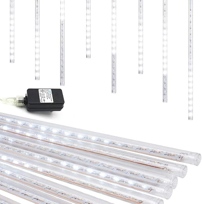 Christmas Lights Outdoor UL Certified Meteor Shower Lights 12Inch 8Tubes 192LED Falling Rain Drop Lights Icicle Snow Cascading Xmas Lights for Tree Wedding Party Garden Decoration,White