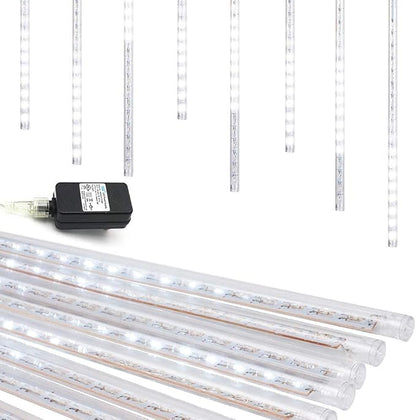 Christmas Lights Outdoor UL Certified Meteor Shower Lights 12Inch 8Tubes 192LED Falling Rain Drop Lights Icicle Snow Cascading Xmas Lights for Tree Wedding Party Garden Decoration,White