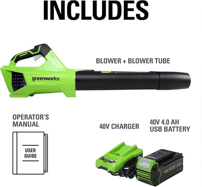 Greenworks 40V (120 MPH / 450 CFM) Axial Blower, 4.0Ah USB Battery (USB Hub) and Charger Included
