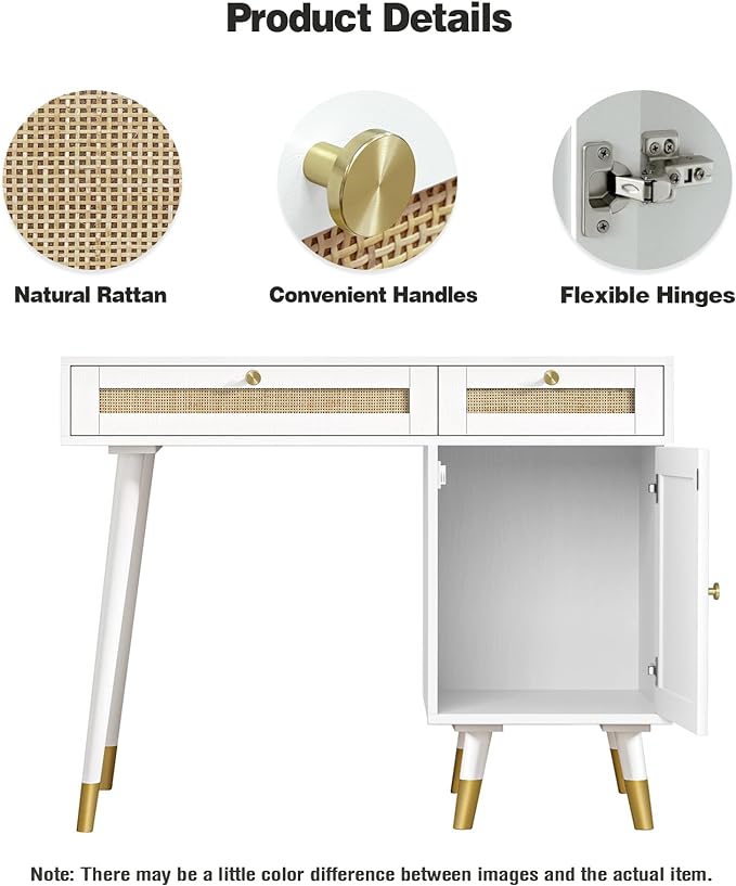 Anmytek Rattan Vanity Desk with Drawers and Storage, White Makeup Vanity Table Modern Home Office Desk Computer Desk for Study D0006