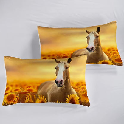 Horse Comforter Queen Size,Sunflower Horse Comforter Set for Kids Teens Girls Boys,3Pcs Bedding Set Printed Comforter with 2 Pillowcases,Soft and Lightweight，Queen Size