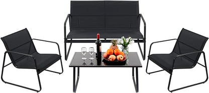 4 Pieces Patio Furniture Set Outdoor Patio Conversation Sets Poolside Lawn Chairs with Glass Coffee Table Porch Furniture for Courtyard, Garden and Balcony (Black)