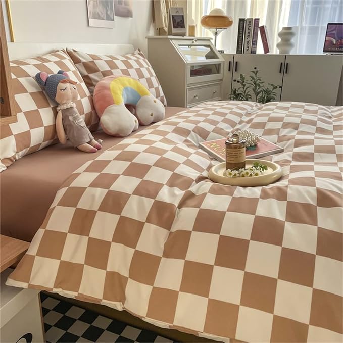 Wellboo Light Brown Plaid Comforter Sets Queen Women Men Cream Coffee and White Checkerboard Grid Bedding Comforters Cotton Boys Girls Modern Light Taupe Checkered Geometric Quilts Luxury Abstract Bed