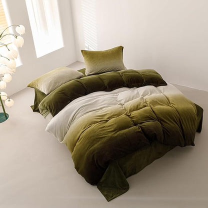 Wellboo Army Green Gradient Comforter Sets King Green White Fluffy Bedding Comforters Modern Gradient Dark Green Flannel Quilts Farmhouse Abstract Art Watercolor Comforters Sherpa Fuzzy Plush Bedding