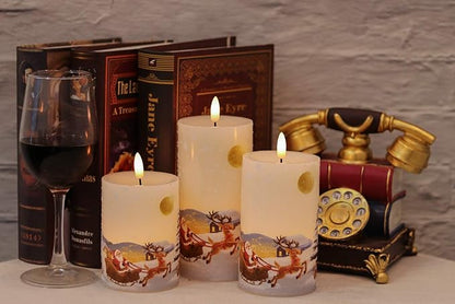 DRomance Christmas White LED Flameless Flickering Candles Battery Operated with 10-Key Remote and Timer Set of 3 Realistic 3D Wick Real Wax Holiday Flameless Pillar Candles, Santa Decal