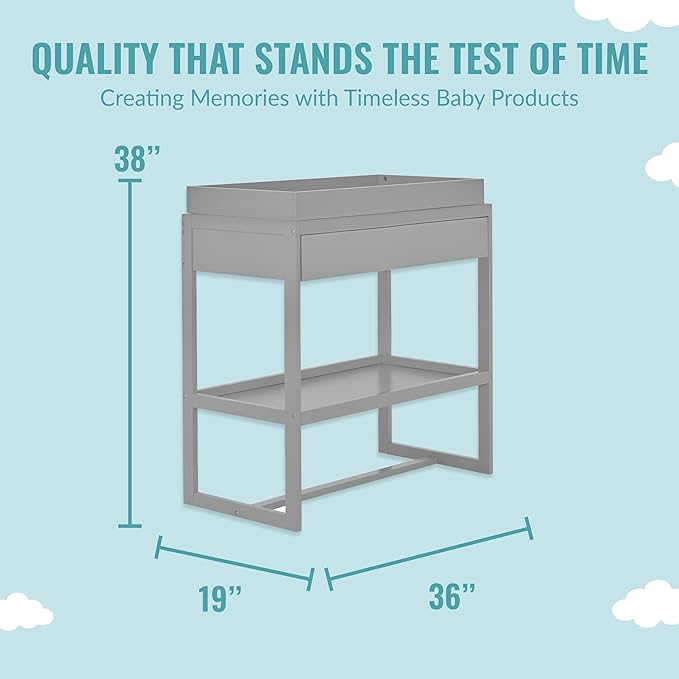 Arlo Changing Table in Pebble Grey, Made of Solid New Zealand Pinewood, Non-Toxic Finish, Comes with Water Resistant Mattress Pad & Safety Strap