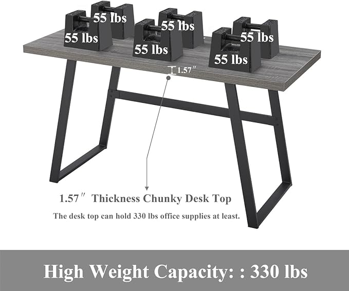 BON AUGURE 55 inch Modern Writing Desk, Rustic Computer Desk for Home Office, Sturdy Simple Wood and Metal Desk, Industrial Work Study Table (Dark Grey Oak)