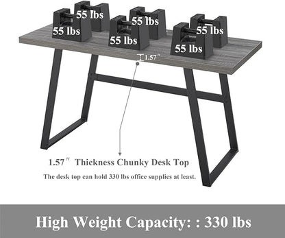 BON AUGURE 55 inch Modern Writing Desk, Rustic Computer Desk for Home Office, Sturdy Simple Wood and Metal Desk, Industrial Work Study Table (Dark Grey Oak)