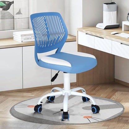 FurnitureR Desk Chair Small Study Chairs Armless for Child Kids Teens, Swivel Rolling Lightweight Task Chair with Wheels and Pu Leather Padded Cushion, Blue/White