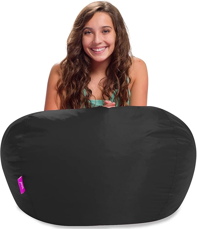 Posh Creations Structured Comfy Seat for Playrooms and Bedrooms, Large Bean Bag Chair, 100in Round Classic Bean Bag, Black