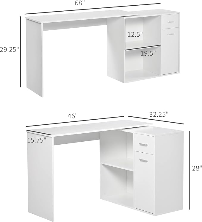 HOMCOM L Shaped Computer Desk, 180° Rotating Corner Desk with Storage Shelves, Drawer and Cabinet, Study Workstation for Home Office, White