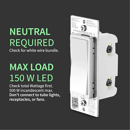 Zooz 800 Series Z-Wave Long Range Dimmer Switch ZEN72 800LR, White | Direct 3-Way (No Add-On Switch Needed) | Z-Wave Hub Required