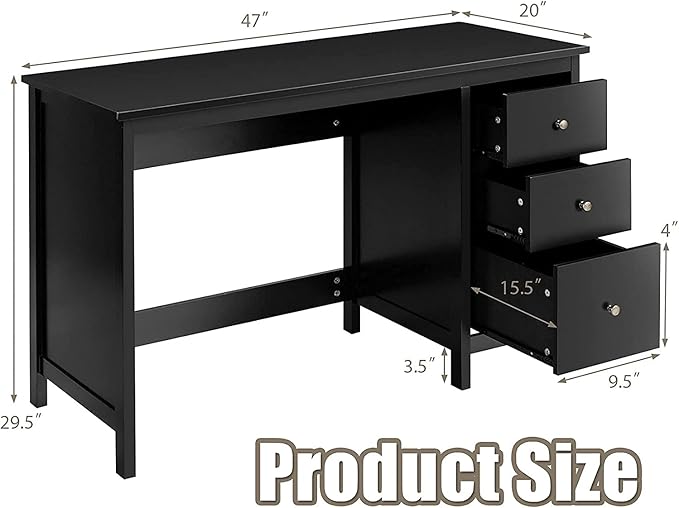 3-Drawer Computer Desk, Black