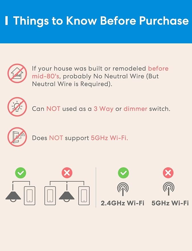 Meross Smart Light Switch Supports Apple Homekit, Siri, Alexa, Google Assistant & SmartThings, 2.4Ghz WiFi Light Switch, Neutral Wire Required, Single Pole, Remote Control Schedule, 2 Pack