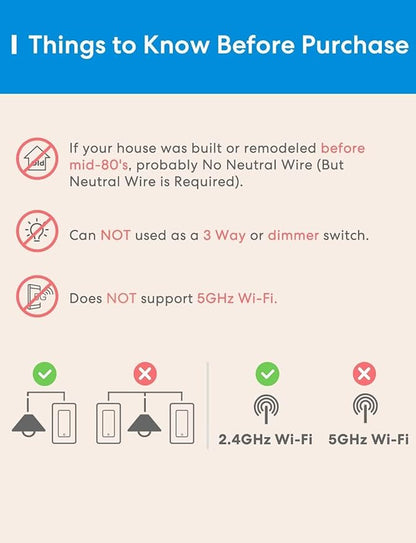 Meross Smart Light Switch Supports Apple Homekit, Siri, Alexa, Google Assistant & SmartThings, 2.4Ghz WiFi Light Switch, Neutral Wire Required, Single Pole, Remote Control Schedule, 2 Pack
