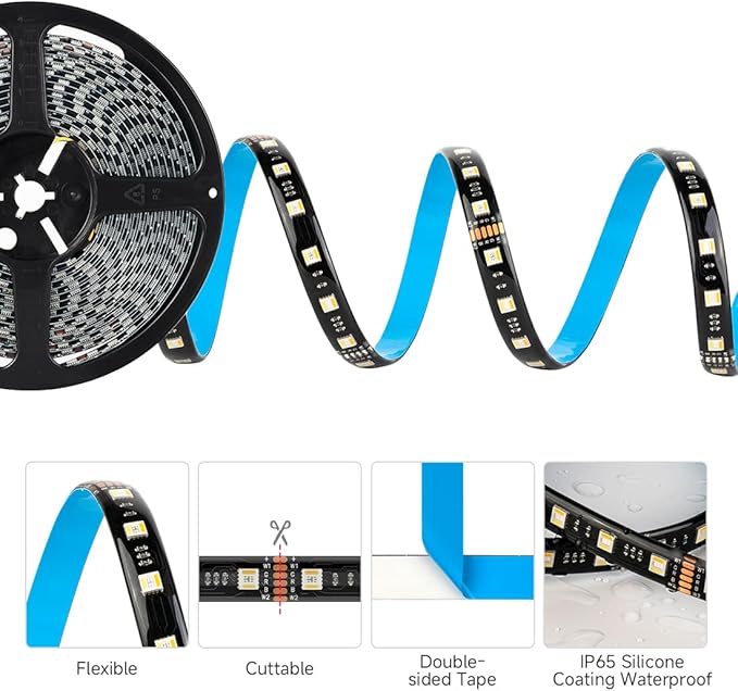 BTF-LIGHTING RGBCCT 5 Colors in 1 LED 5050SMD RGBWW RGB+Dimmable Tunable Color Temperature 2700K-6500K 16.4ft 60LEDs/m 300LEDs DC12V Multi-Colored Lights IP65 for Decoration(No Adapter or Controller)