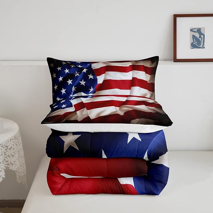 Erosebridal American Flag Comforter Set, United States Down Comforter King Size for Kids Boys Teens, USA Federations Stars Bedding Set Geometric Stripes Quilted Duvet for Bedroom, Blue White and Red