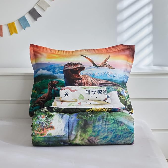 ADASMILE A & S Dinosaur Comforter Set Twin for Boys Dinosaur Twin Bedding Set for Kids 6 Pieces Dinosaur Comforter Set with Sheets Bed in A Bag T-Rex Dinosaur Comforter and Sheets Set for Home Decor