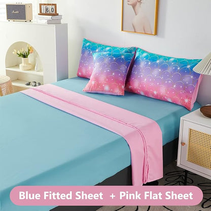 PERFEMET Mermaid Comforter Set for Girls 6 Pieces Rainbow Glitter Twin Size Kids Bedding Set Purple Pink Ombre Mermaid Scale Print Bed in A Bag Comforter Set with Sheets