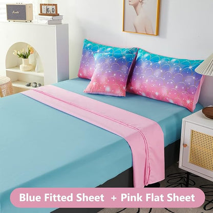 PERFEMET Mermaid Print Full Size Comforter Set for Girls, 6 Piece Colorful Tie Dye Teen Girl Bedding Set, Pink Purple Ombre Cute Bed in A Bag Comforter Set with Sheets