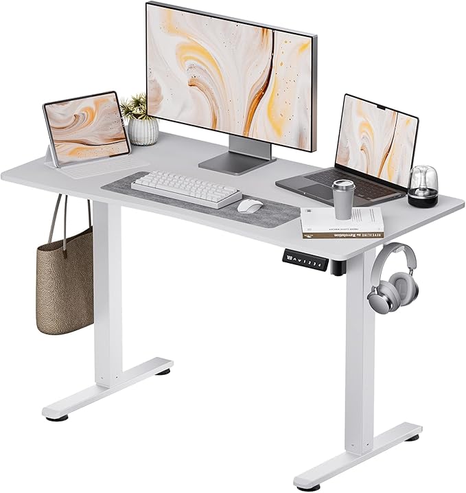 Electric Standing Desk,Adjustable Height Desk With Curved Desktop, Stand Up Desk With 2 Metal Hooks & Cable Organizer Box, Powerful Motor For Fast Switch From Sit To Stand Position 55x24 White