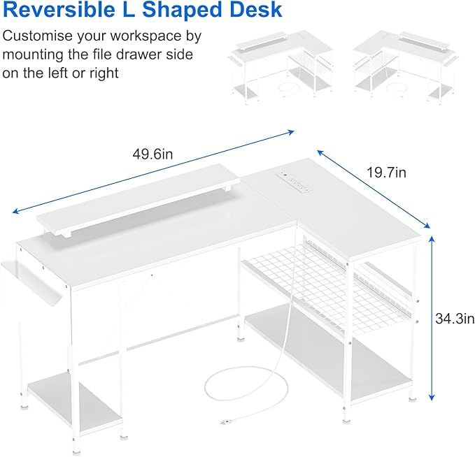 L Shaped Computer Desk with Power Outlets & LED Light, 49.6" Reversible Corner Computer Desk with Storage Shelves & Monitor Stand, Home Office Desk, Gaming Desk, Writing Desk (White)