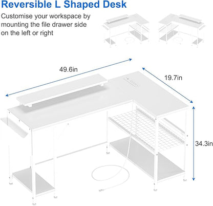 L Shaped Computer Desk with Power Outlets & LED Light, 49.6" Reversible Corner Computer Desk with Storage Shelves & Monitor Stand, Home Office Desk, Gaming Desk, Writing Desk (White)