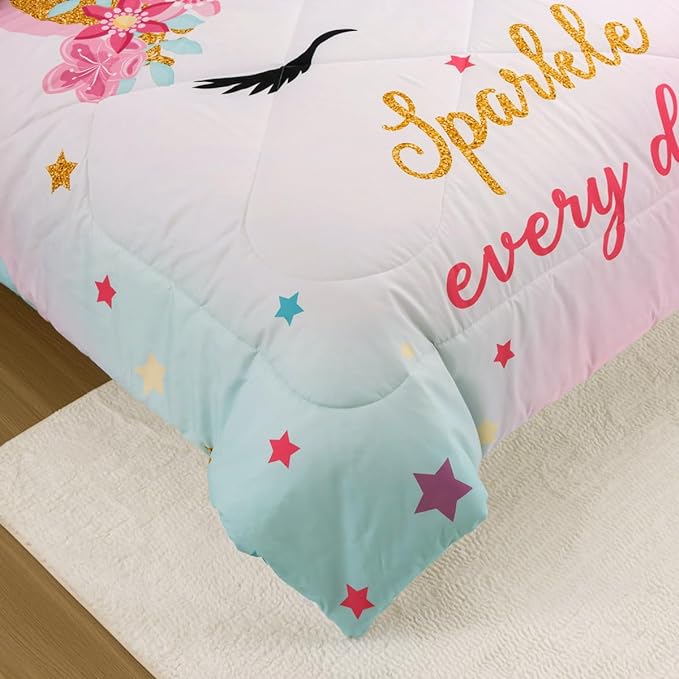 NTBED Unicorn Twin Comforter Set with Sheets,5 Pieces Kids Bedding Sets for Girls, Lightweight Microfiber Star Rainbow Bed in a Bag