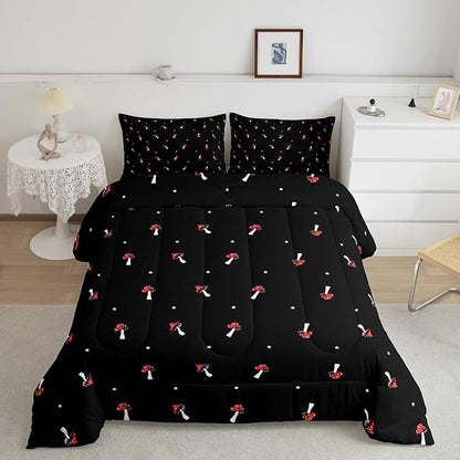 Cute Mushroom Comforter Set Twin Kid Cartoon Kawaii Reversible Bedding Set Red Mushroom Duvet Set Mushroom Shaped Comforter Lovely Natural Wild Plants Fungus Comforter Set for Room Decor, Black