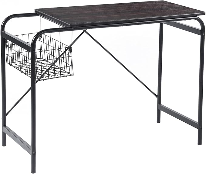 FurnitureR Home Office Computer Basket 31.5“ Wooden Laptop Table with Storage Workstation Modern Study Writing Desk, Walnut Black