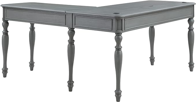 OSP Home Furnishings Country Meadows L-Shape Desk with 2 Full Drawers and Power Hub, Plantation Grey