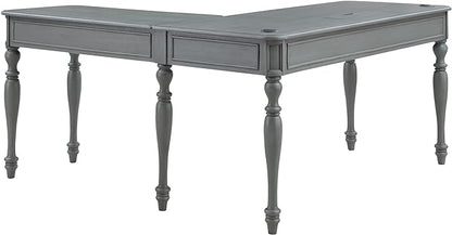 OSP Home Furnishings Country Meadows L-Shape Desk with 2 Full Drawers and Power Hub, Plantation Grey