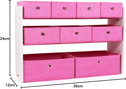 Humble Crew Kids Toy Organizer with 9 Collapsible Fabric Storage, White Wood and Pink Bins