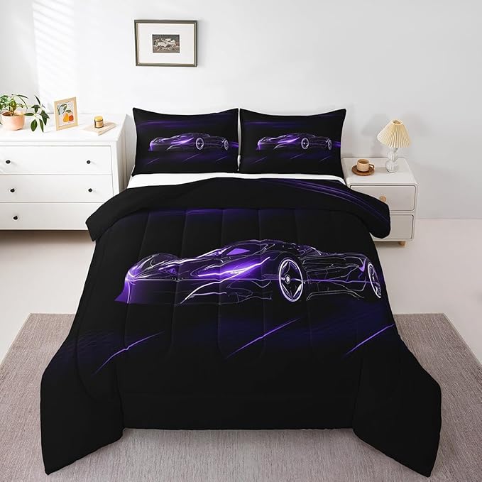 Feelyou Dull Purple Race Car Bedding Set Queen Size for Kids Boys Extreme Sport Games Comforter Set Teens Toddler Fast and Furious Duvet Set Cool Modern Quilt Set 3Pcs