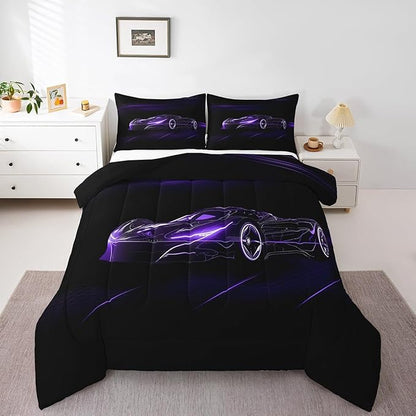 Feelyou Dull Purple Race Car Bedding Set Full Size for Kids Boys Extreme Sport Games Comforter Set Teens Toddler Fast and Furious Duvet Set Cool Modern Quilt Set 3Pcs