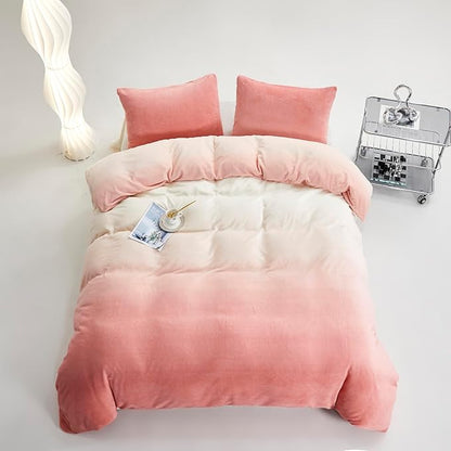 Pink White Gradient Comforter Set Queen Pink Velvet Bedding Comforter Modern Plain White and Pink Gradient Soft Quilt Farmhouse Flannel Comforter Girls Women Warm Queen Bed Comforter