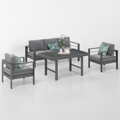 Solaste Aluminum Patio Furniture Set, 4 Pcs Modern Outdoor Conversation Set Couch Sofa with Upgrade Cushion and Dining Table,White