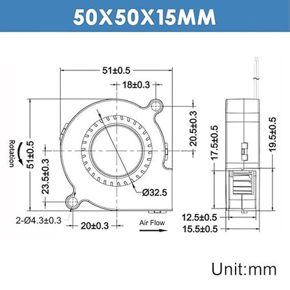 WINSINN 50mm 5015 Blower Fan 12V, 3D Printer 24 Volt Fans Blower Turbine Turbo Dual Ball Bearing, Brushless Cooling 50mmx15mm 2PIN (Pack of 4Pcs)