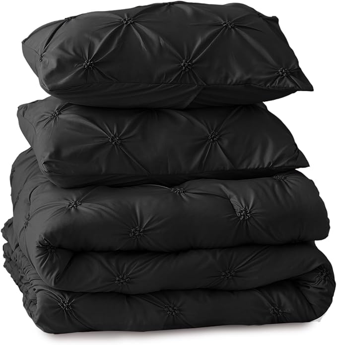 BEDELITE Black King Size Comforter Set - 3 Pieces Boho Pintuck Bedding Comforter Sets, Lightweight Soft & Warm King Bedding Set with 2 Pillowcases for All Season