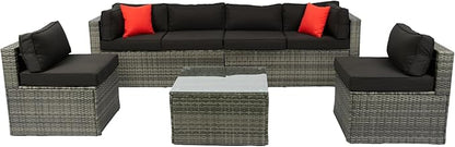 5-Pieces Patio Furniture Set with Coffee Table and 2 Pillows, PE Rattan Outdoor Conversation Sectional Sofa Seating Goup for Balcony Front Porch Backyard Law, Grey Wicker+Black Cushion