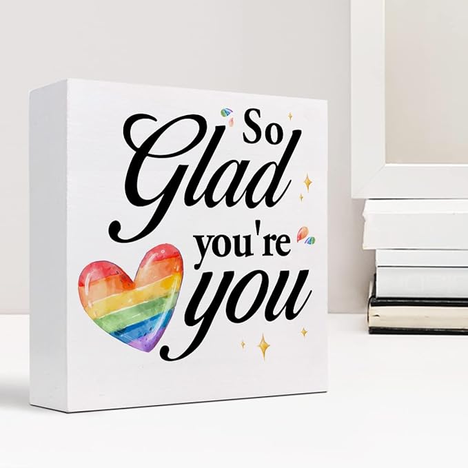So Glad You're You Rainbow Heart Wood Box Sign Decor Desk Sign,Inspirational Affirmation Wooden Box Block Sign for Home Office Shelf Table Decor Decorations