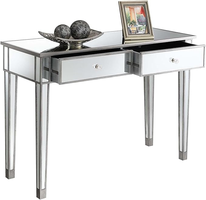 Convenience Concepts Gold Coast Mirrored Desk 42" - Console Table with 2 Drawers for Storage in Living Room, Office, Antique Silver/Mirror