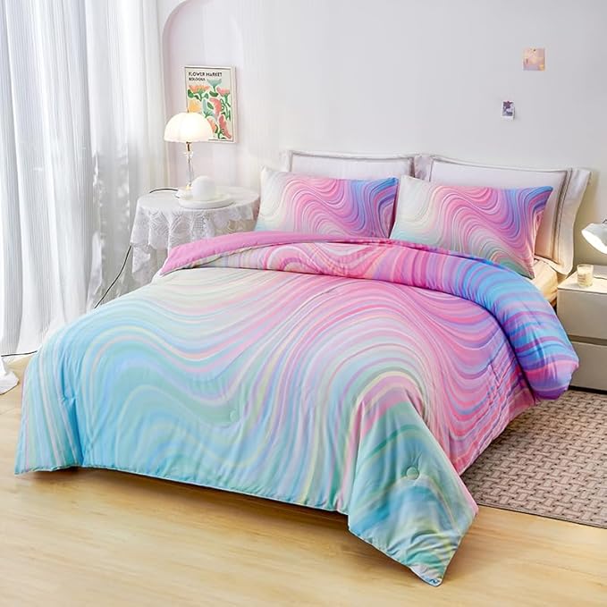 Girls Pink Comforter King,Pink Bedding Set for Girls,Tie Dye Comforter Set,Kids Comforter Set for Girls,Blue Pink Teen Comforter King with 2 Pink Pillowcases,Rainbow Comforter Set