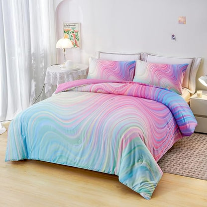 Girls Pink Comforter King,Pink Bedding Set for Girls,Tie Dye Comforter Set,Kids Comforter Set for Girls,Blue Pink Teen Comforter King with 2 Pink Pillowcases,Rainbow Comforter Set