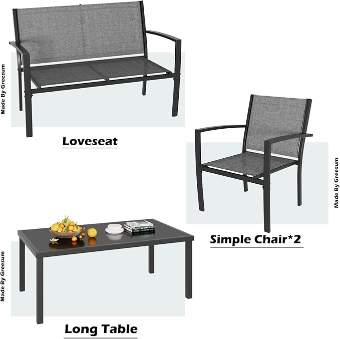 Greesum 4 Pieces Patio Furniture Set, Outdoor Conversation Sets for Patio, Lawn, Garden, Poolside with A Glass Coffee Table, Gray