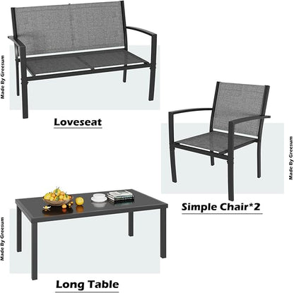 Greesum 4 Pieces Patio Furniture Set, Outdoor Conversation Sets for Patio, Lawn, Garden, Poolside with A Glass Coffee Table, Gray