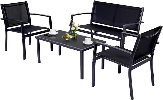 4 Pieces Patio Furniture Set Outdoor Garden Patio Conversation Sets Poolside Lawn Chairs with Tempered Glass Coffee Table Loveseat Porch Furniture Textilene Fabric Black