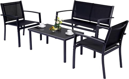 4 Pieces Patio Furniture Set Outdoor Garden Patio Conversation Sets Poolside Lawn Chairs with Tempered Glass Coffee Table Loveseat Porch Furniture Textilene Fabric Black