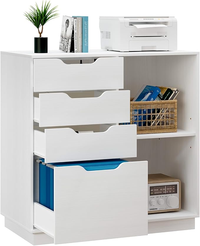 4 Drawers Lateral File Cabinets, Wood Filing Cabinet, Printer Stand with Open Storage Shelves for Home Office, 6 Compartments, White