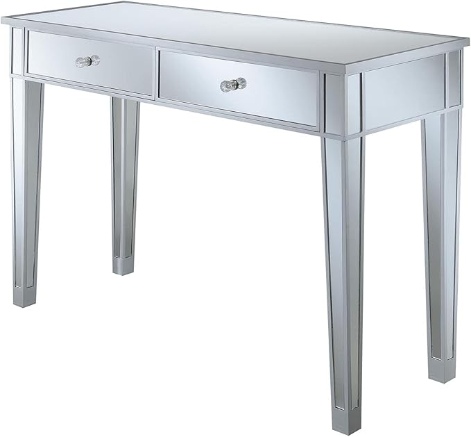 Convenience Concepts Gold Coast Desk 42" Console Table with 2 Drawers for Storage in Living Room, Office, Den, 42 x 15 x 30 inches, Silver/Mirror